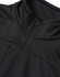 A black men's sustainable softshell corporate jacket with a zippered pocket and high collar. It features a smooth, sleek design.