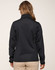 A black ladies' sustainable softshell corporate jacket displayed from the back, featuring a smooth, fitted design.