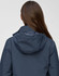A dark navy unisex quilted waterproof jacket with a hood, displayed from the back. It features a logo.