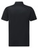 A black men's sustainable jacquard knit short-sleeve polo shirt featuring a collar and a logo.