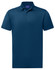 A navy blue sustainable jacquard knit short sleeve polo shirt with a collar and a logo.