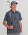 A young man holds a golf club while wearing a grey sustainable jacquard knit polo shirt and a matching cap.