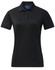 A black ladies' short-sleeve polo shirt with a collared neckline and a logo on the chest.