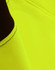 A close-up of a bright yellow fleece fabric with dark brown accents, featuring a logo.