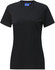 A black ladies' premium cotton short-sleeve tee shirt featuring a fitted design and a logo.
