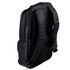 A black backpack with padded straps and multiple compartments, featuring a logo on one side.