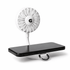 A white rechargeable fan with a flexible arm attached to a black phone stand. It includes a logo on the fan.