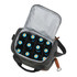 A drink bottle cooler bag in grey and green, featuring compartments for twelve bottles and a silver insulated interior.