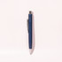 A blue ballpoint pen with a silver tip and clip, featuring a logo on its body.