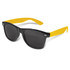 Malibu Premium Sunglasses featuring a black frame and yellow arms, complete with dark lenses and a logo.