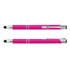 A pink metal stylus pen with silver accents, featuring a clip and dual functionality as a pen and stylus.