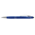 A blue stylus pen with a silver clip and a smooth finish, featuring a logo on its body.