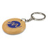 A round wooden key ring with a metal chain and a blue logo on one side. The wood has a natural finish.
