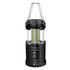 A compact black lantern with a clear casing and a handle, featuring two internal yellow lights.