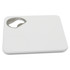 A drink bottle opener in white, designed as a square coaster with a built-in bottle opener and a logo.