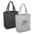 Two felt tote bags are displayed, one in grey and one in black, with a logo on the grey bag.