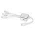 A white charging cable with multiple connectors, including USB-C, Lightning, and Micro-USB, and a compact hub.