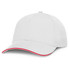 A white cap with a red accent on the brim, designed for headwear promotions.