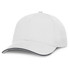 A white cap with a curved brim, featuring a sleek design suitable for various occasions.