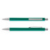A metal pen in a vibrant teal colour with silver accents and a clip. The pen is shown from two angles.