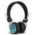 A pair of black Bluetooth headphones with a circular, teal ear cup design and a fabric headband.