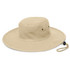 A wide-brim hat in a tan color, featuring a round crown and an adjustable chin strap.