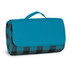 A rolled-up picnic blanket in teal and black checkered pattern, secured with a matching handle.