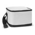 A square cooler bag in white with black accents and a shoulder strap, featuring a zip closure and pocket.