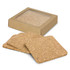 A square set of four natural cork coasters, presented in a cardboard box with a clear window.