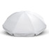 A white beach umbrella with a rounded shape, featuring a central pole and a smooth fabric surface.