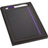 A black journal with a purple elastic band and a silver pen, presented in a black gift box with foam insert.