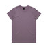 A purple t-shirt featuring a crew neck design and a label on the inside neckline.