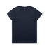 A navy blue t-shirt featuring a round neckline and short sleeves, with a logo on the inside label.