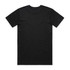 A black T-shirt featuring short sleeves and a plain back. The shirt has a logo on the label.