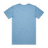 A light blue T-shirt with short sleeves and a plain back. It features a logo at the neckline.