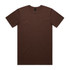 A brown t-shirt with short sleeves and a round neckline, featuring a logo on the tag.