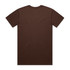 A brown T-shirt featuring a plain back and short sleeves, with a branding logo.