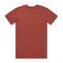A back view of a rust-coloured t-shirt featuring a logo. The fabric appears smooth and comfortable.