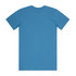 A blue T-shirt featuring a round neck and short sleeves, with a logo on the back.