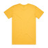 A yellow T-shirt with a plain back and short sleeves, featuring a logo.