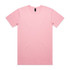 A pink T-shirt with a crew neckline and short sleeves, featuring a logo on the label.