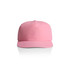 A pink cap with a flat brim and an adjustable strap at the back, featuring a logo.