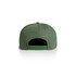 A green cap with a flat brim and adjustable strap at the back, featuring a logo.