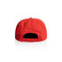 A red cap with an adjustable strap at the back, featuring a logo on the rear.