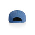 A blue cap with a flat brim and adjustable strap at the back, featuring a logo on the side.