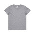 A grey kids' staple tee with a round neckline and short sleeves. It features a tag at the collar.