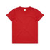 A red kids' T-shirt featuring short sleeves and a classic fit. It has a label inside and includes a branding logo.