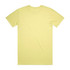 A plain yellow T-shirt with a crew neck and short sleeves, featuring a logo on the back.