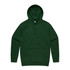 A green hoodie featuring a kangaroo pocket and an adjustable hood. The garment has a branding logo.