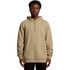 A beige hoodie with a front pocket and drawstring hood, featuring a logo on the chest.